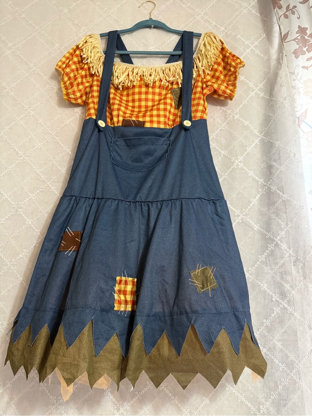 Women's Blue Pinafore Scarecrow Costume with Yellow Gingham Top